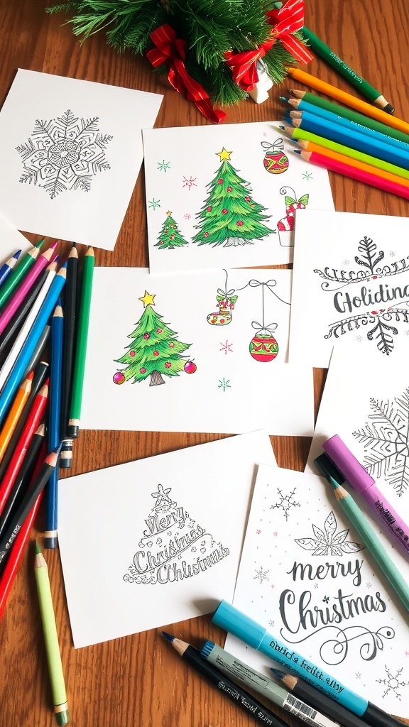 Printable Christmas Cards to Color Colorful Christmas cards with festive designs on a wooden table with coloring supplies.